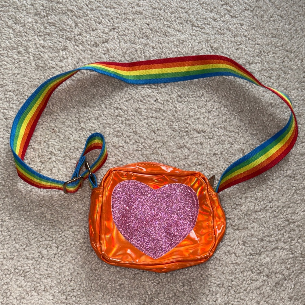 Orange Heart Crossbody Bag with Rainbow Strap